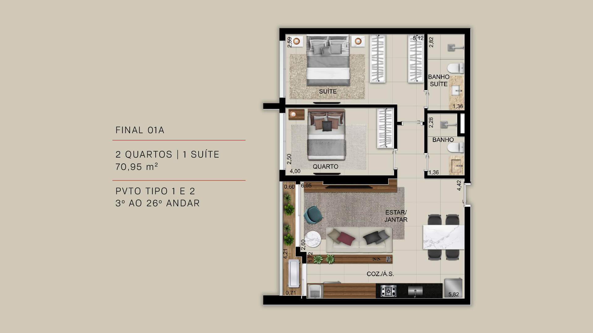 FINAL 01A - 2 QUARTOS | 1 SUÍTE 70,95 m²