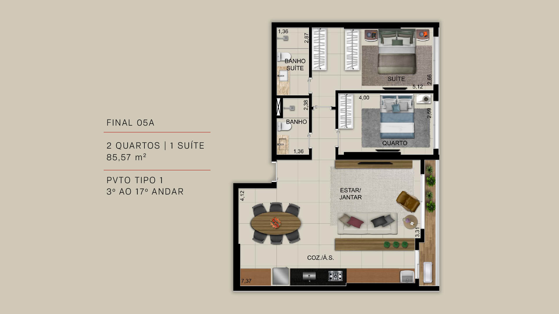 FINAL 05A - 2 QUARTOS | 1 SUÍTE 85,57 m²