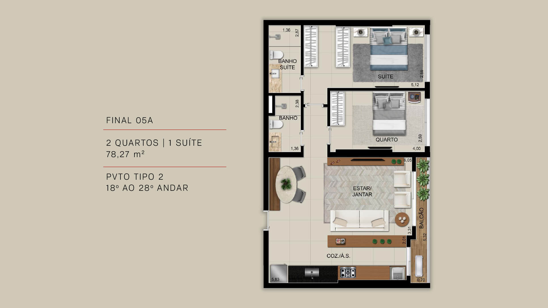 FINAL 05A - 2 QUARTOS | 1 SUÍTE 78,27 m²